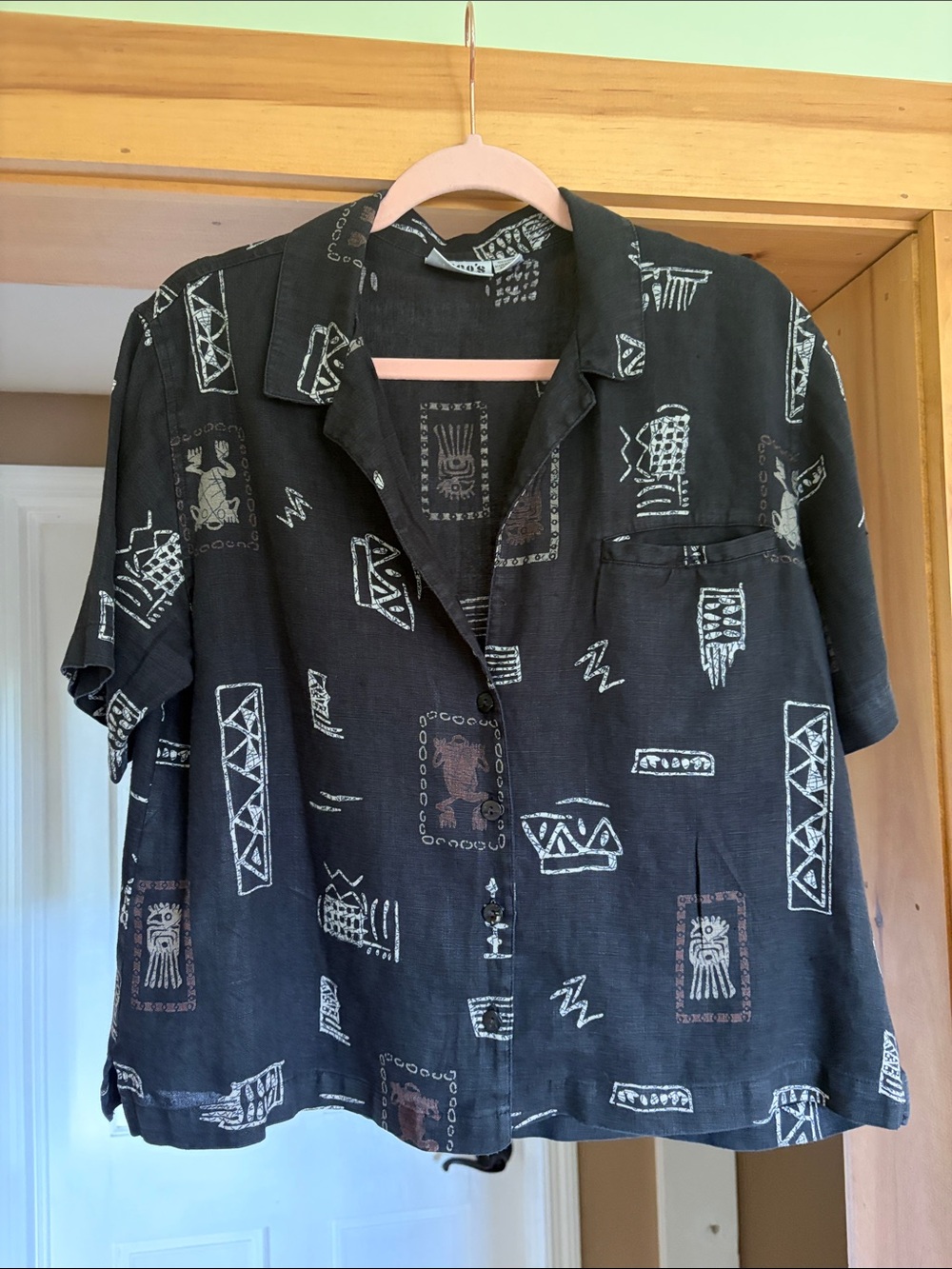 Vintage Chicos Boxy linen tribal print camp shirt